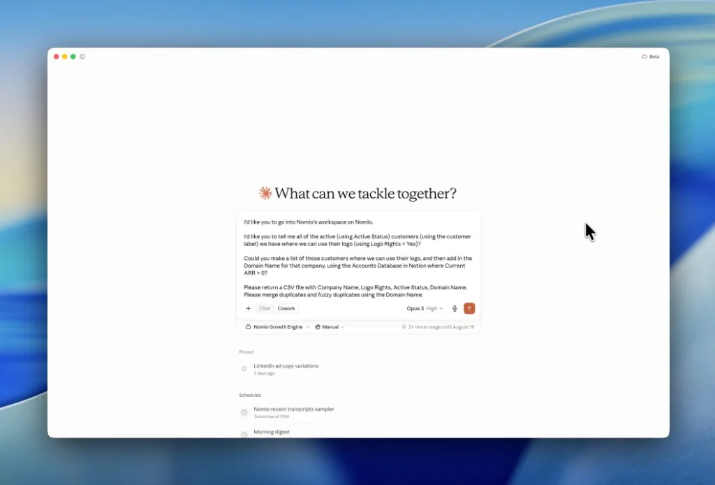 Claude with a prompt asking Nomio’s MCP to find active customer contracts with permission to use their logos and return the results as a CSV