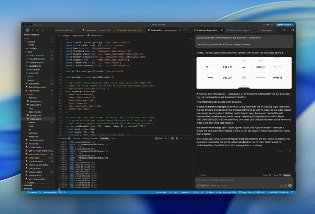 Cursor showing the completed customer-logo grid implementation and a preview of the final row