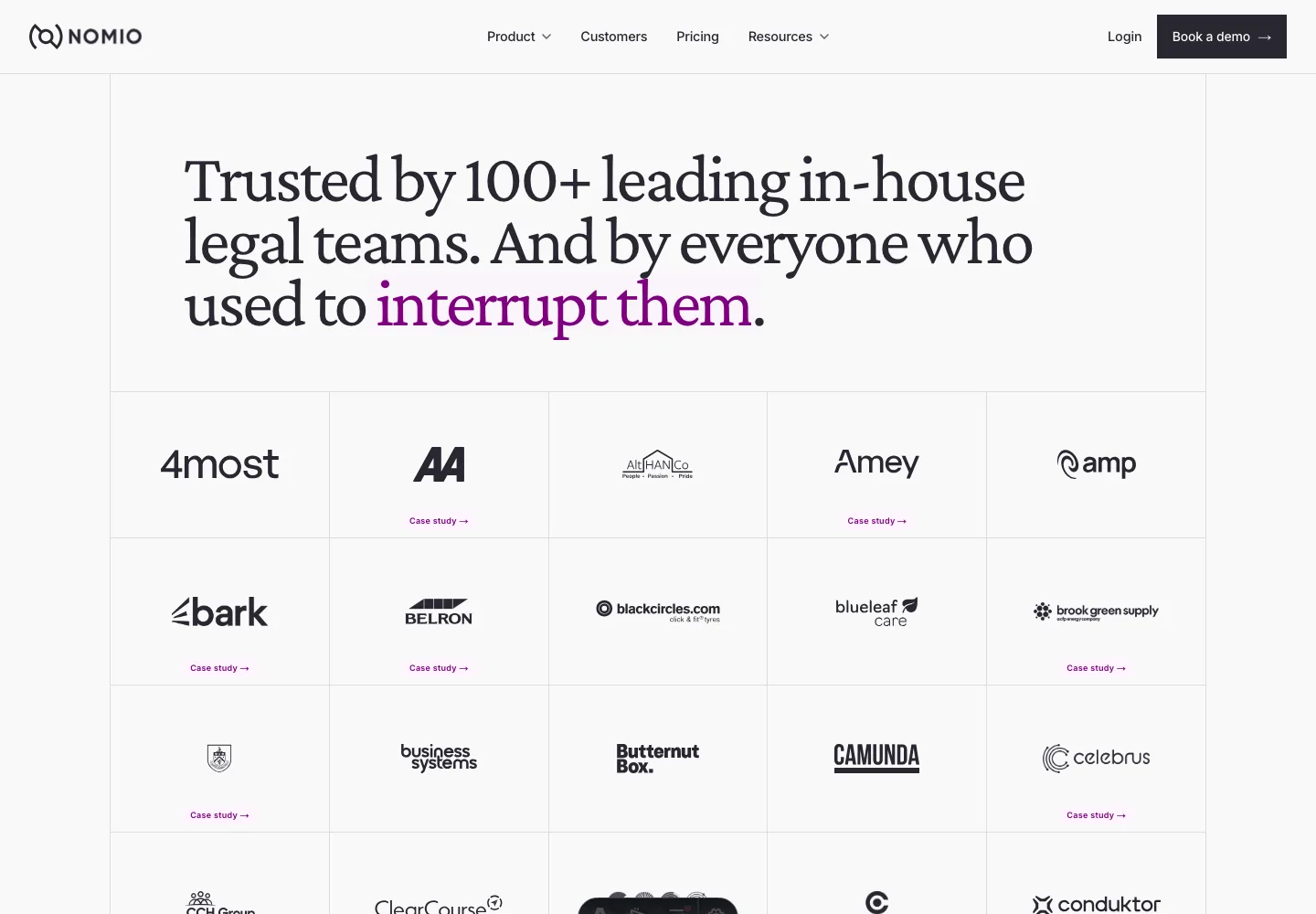 The Nomio customer stories page showing the start of the new logo wall under the heading Trusted by 100+ leading in-house legal teams