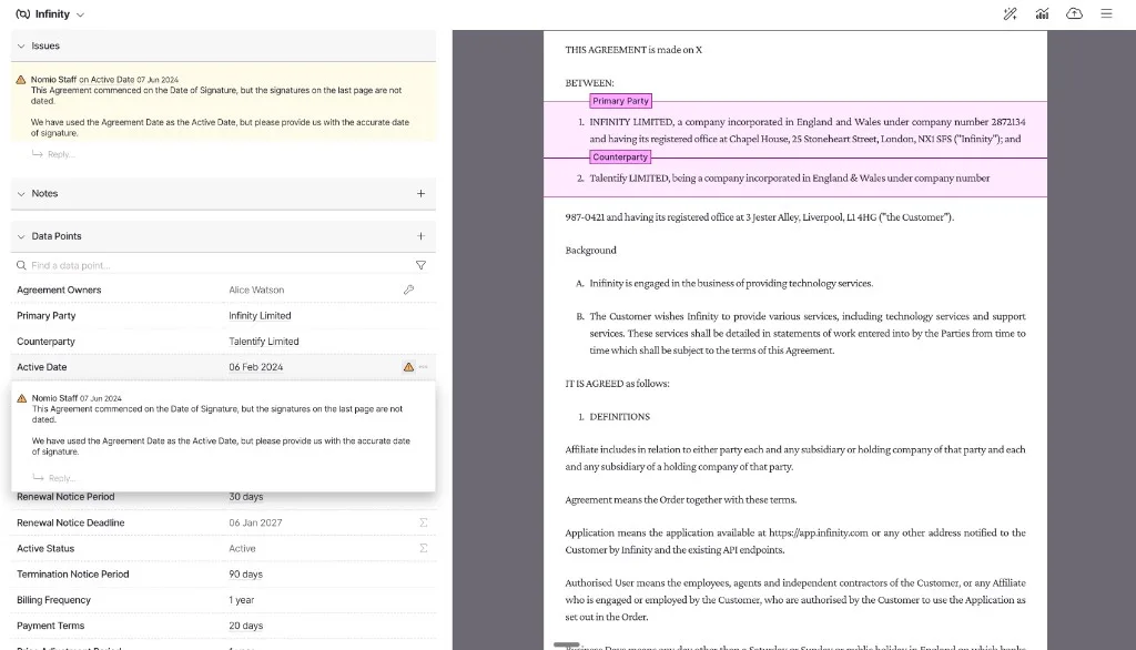 The Issues panel in the Agreement Viewer, with a note from Nomio staff on the Active Date explaining that the signatures are not dated, beside the agreement in PDF view