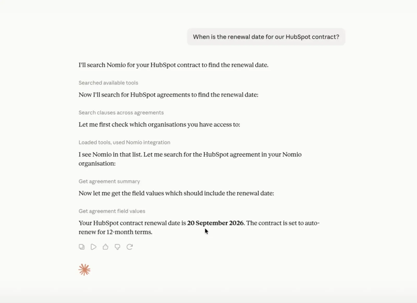 Claude answering “When is the renewal date for our HubSpot contract?” by searching Nomio through the MCP server and replying 20 September 2026