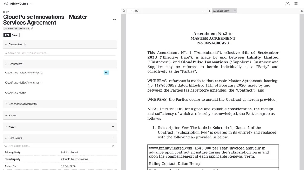 The Agreement Viewer open on a master services agreement amendment in PDF view, with the PDF and Smart toggle and the documents and data points sidebar on the left