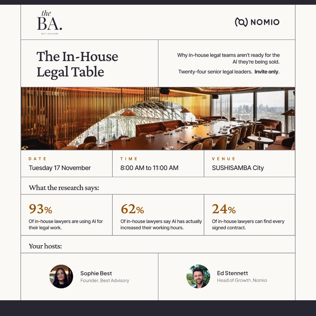 The In-House Legal Table invitation: Tuesday 17 November, 8:00 AM to 11:00 AM at SUSHISAMBA City, hosted by Sophie Best of Best Advisory and Ed Stennett of Nomio. 93% of in-house lawyers are using AI for their legal work, 62% say AI has increased their working hours, and 24% can find every signed contract.