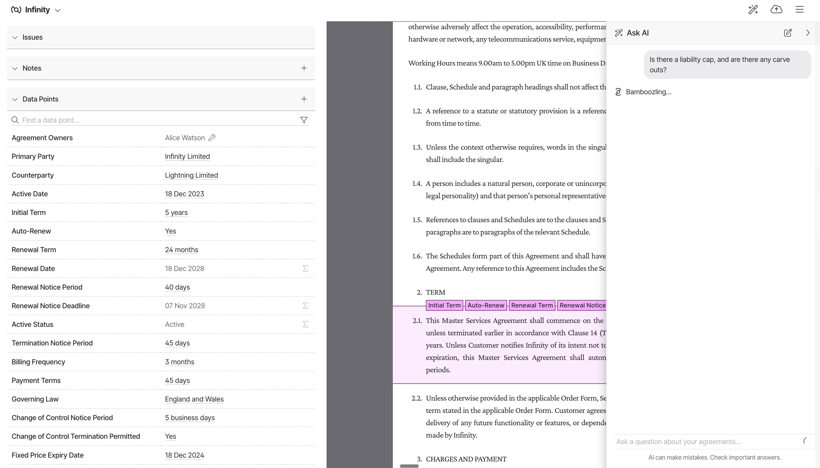 'Is there a liability cap and are there any carve-outs?' 'Is there a liability cap and are there any carve-outs?'